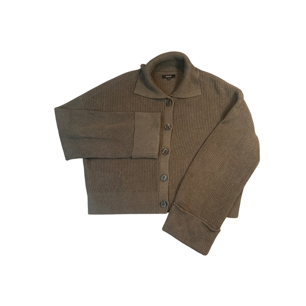 Quince Brown Fisherman Organic Cotton Ribbed Knit Button Cardigan Sweater L - Picture 2 of 9